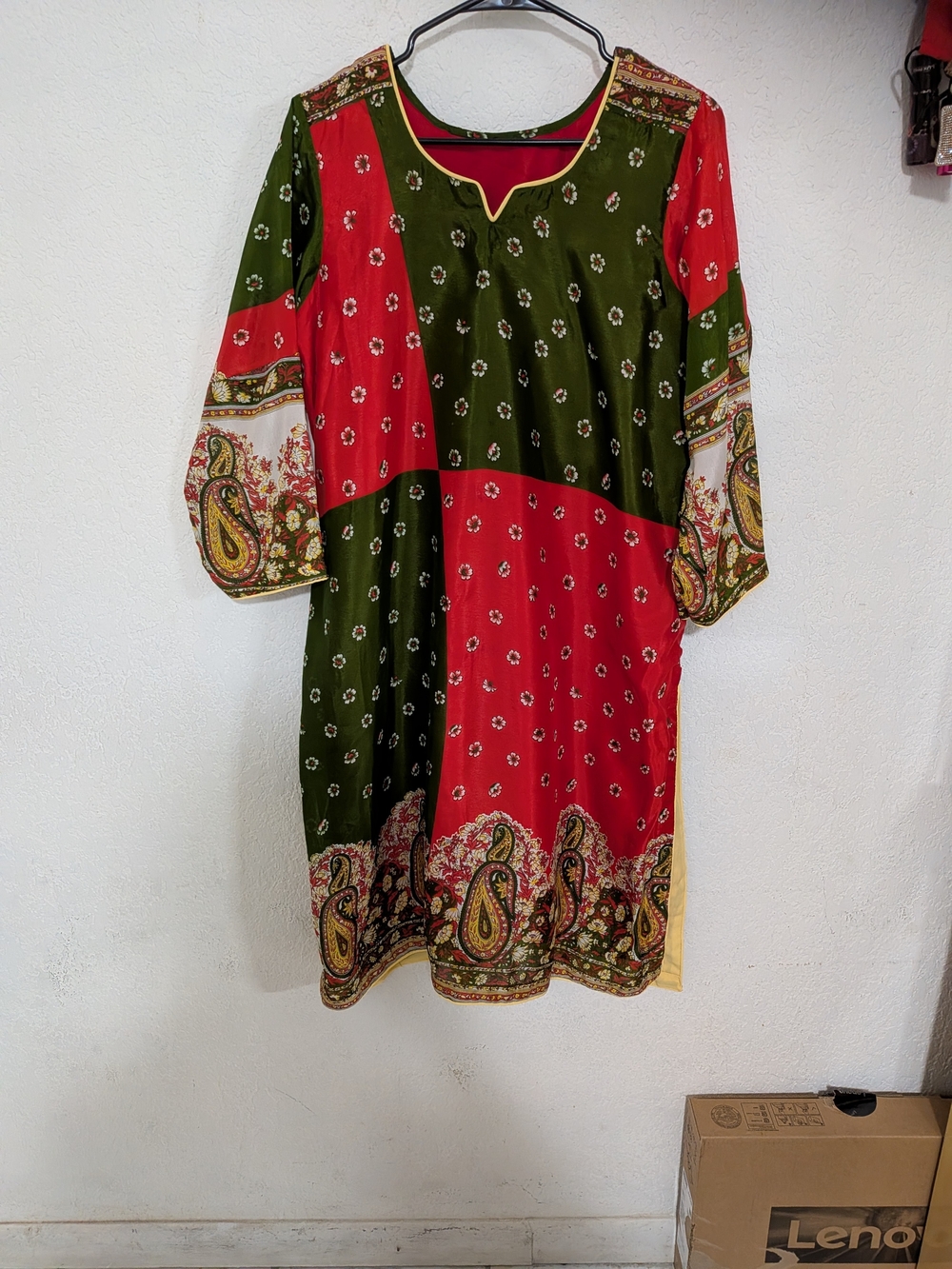 Bohemian Patchwork Red & Olive Green Print 3 Pieces Suits